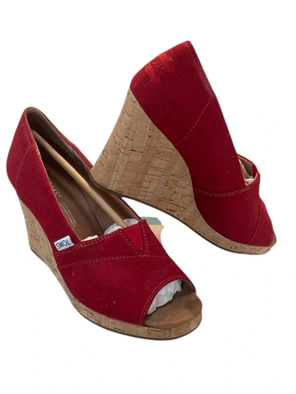 TOMS Red Crosshatch Jacquard Classic Wedge Espadrille Shoe open toe size 7 w box
